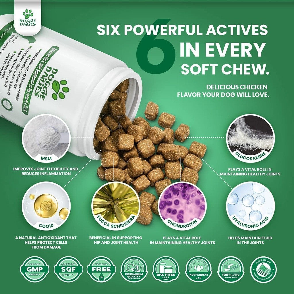 Doggie Dailies Advanced Hip & Joint Supplement, Chicken Flavor, 225 Soft Chews PACKAGING MAY VARY