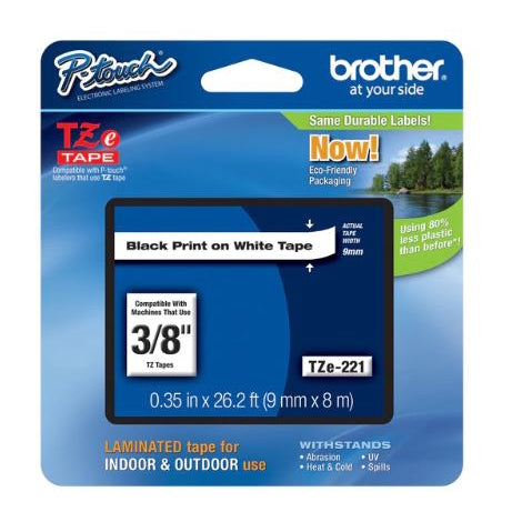 Brother Genuine P-touch TZE-221 Tape, 3/8" (0.35") Black on White  (8M) Packaging May Vary