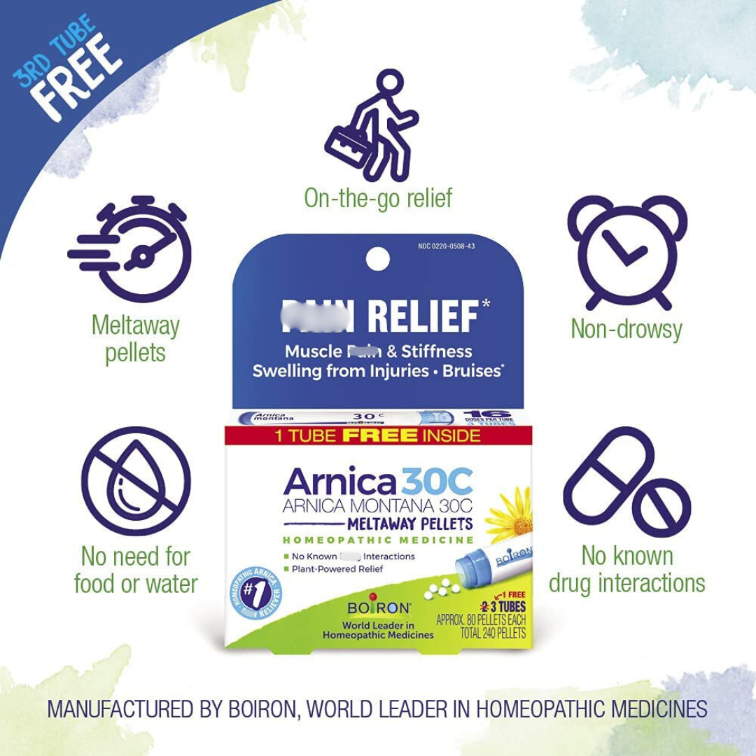 Boiron Arnica Montana 30C Meltaway Pellets Homeopathic Medicine Relief, 3 Tubes Approx. 80 Pellets per tube (Packaging May Vary)