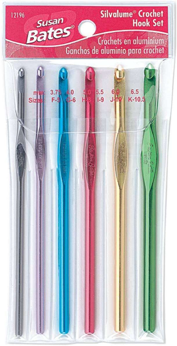Susan Bates Silvalume Crochet Hook Set in Pouch Sizes F, G, H, I, J, K (Packaging may Vary)