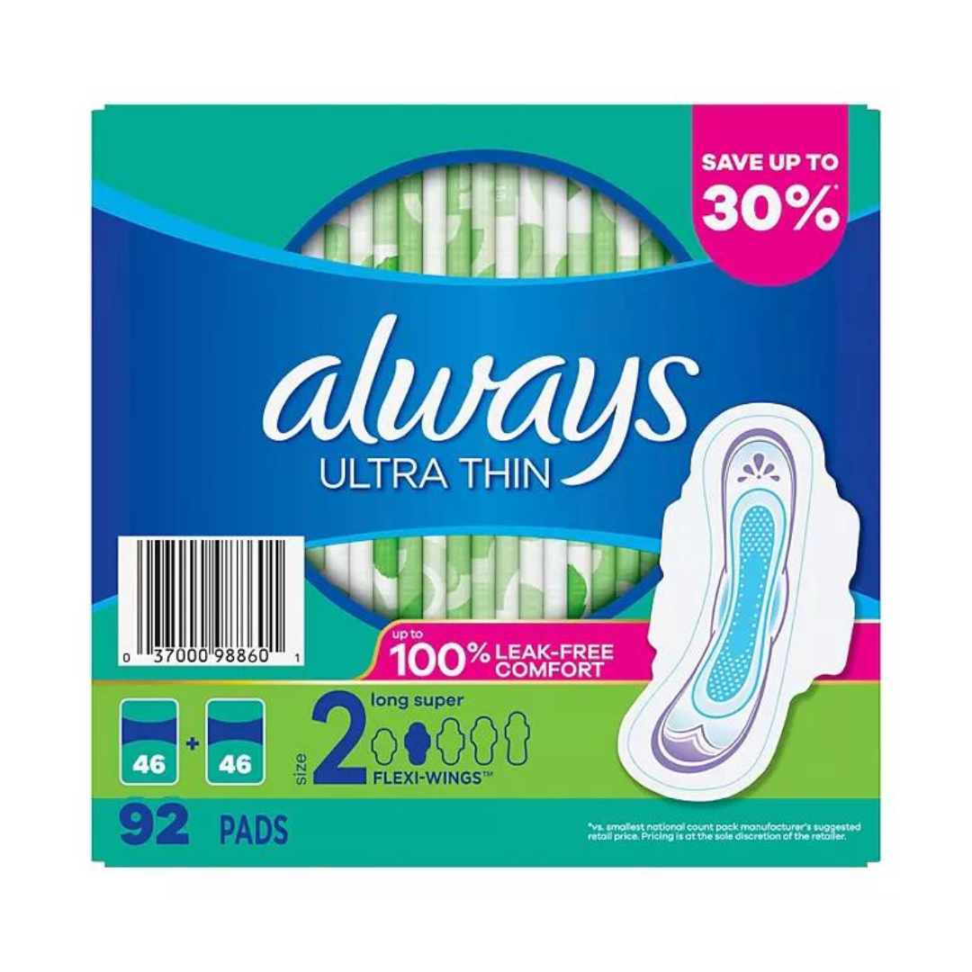 Always Ultra Thin Long Super Pads with Flexi-Wings Size 2 (92 Pads)
