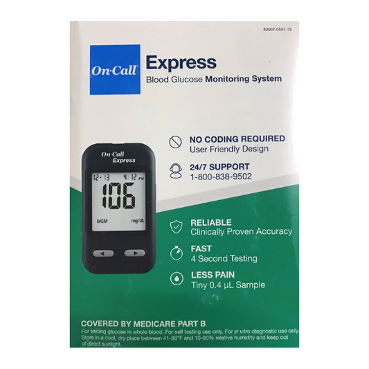 On Call Express Blood Glucose Monitoring System Advanced Biosensor Technology (Blood Glucose Meter, 10 Test Strips, 1 Control Solution, Lancing Device, Clear Cap & Carrying Case)