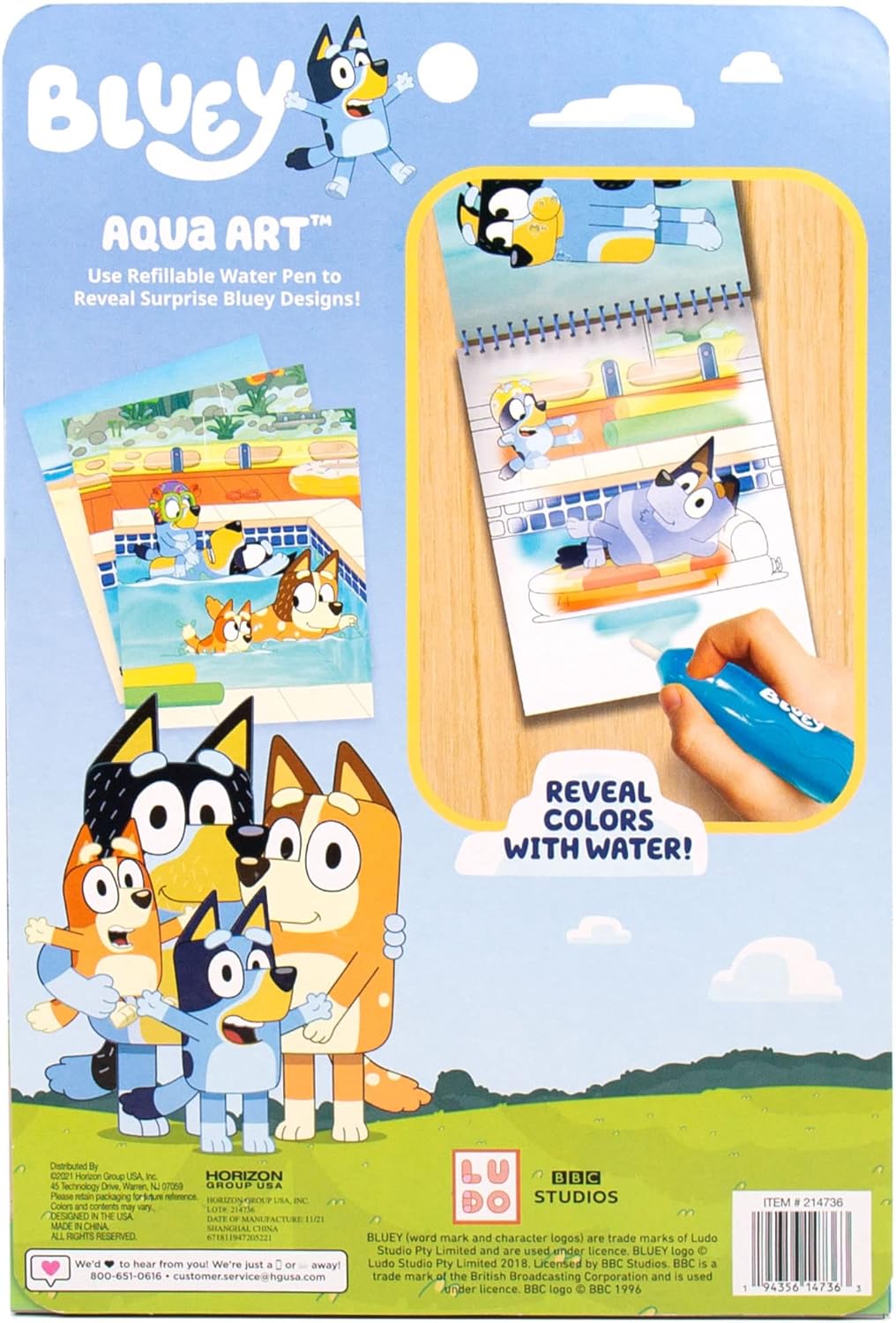 Bluey Aqua Art - No Mess Reusable Water Reveal Activity 4 Pages with Water Pen, Set of 2