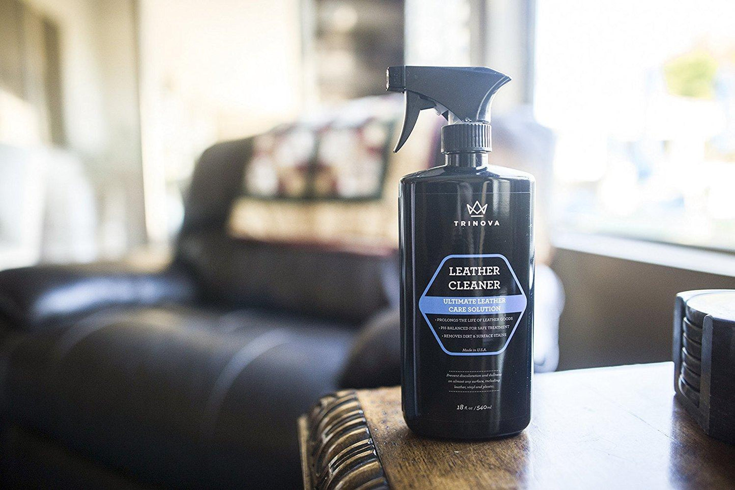 TriNova Leather Cleaner for Couch, Car Interior, Bags, Jackets, Saddles. Safe for use in Home or Car, Microfiber Included 18oz