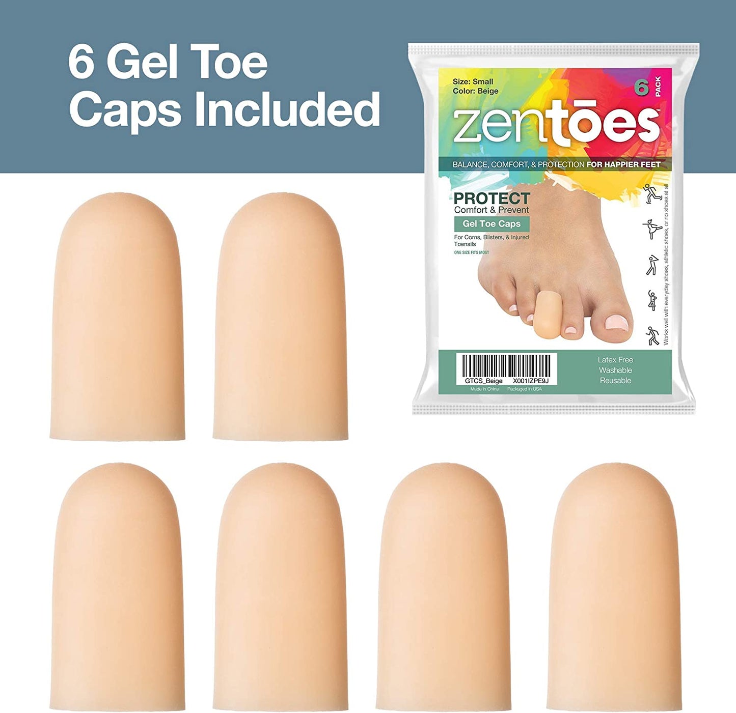 ZenToes 6 Pack Gel Toe Cap and Protector, Protects & Provide Relief (Small, Beige)