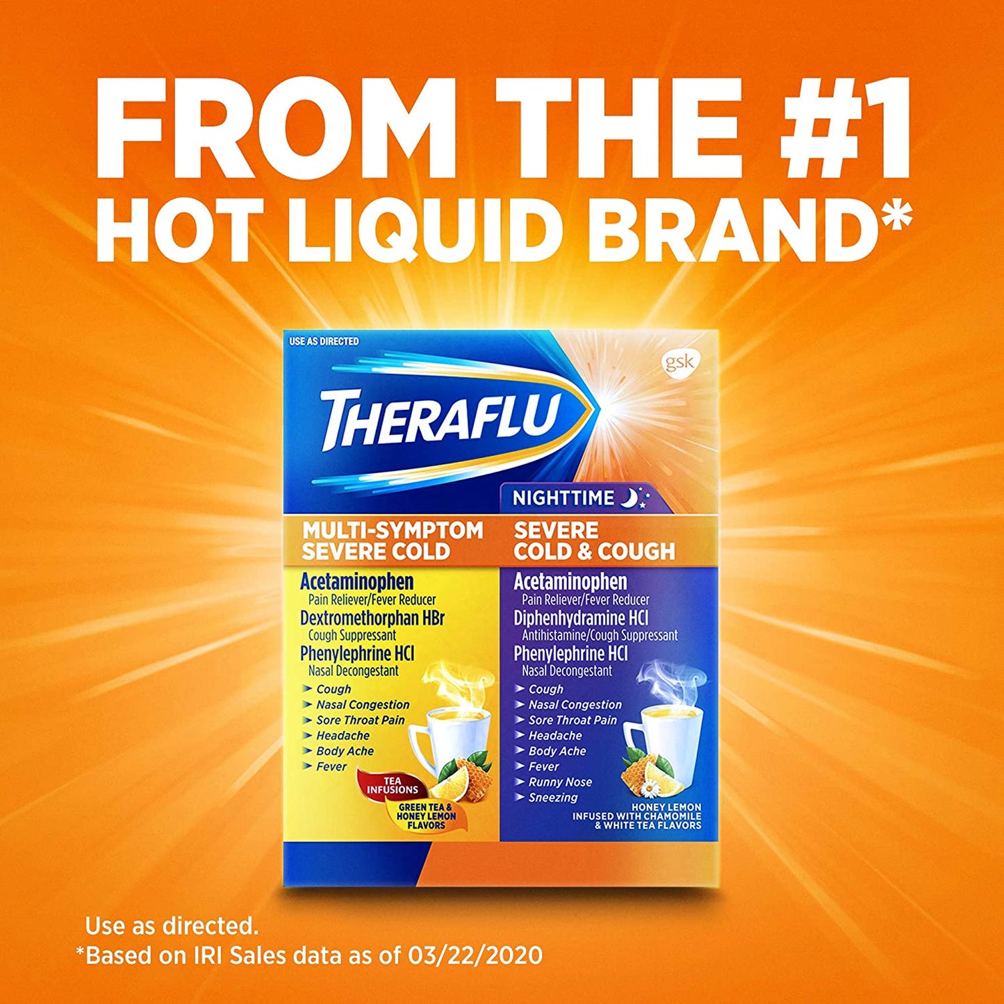 Theraflu Multi-Symptom Severe Cold & Cough Relief Daytime & Nighttime Powder Tea Infusions, Honey Lemon Flavor, 12 Total Packets