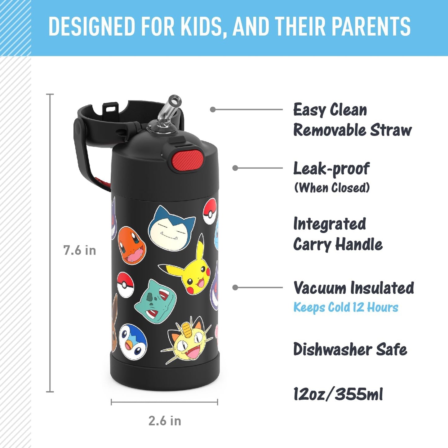 THERMOS FUNTAINER Kids Stainless Steel Water Bottle with Straw, Pokémon, 12 oz (PACKAGING MAY VARY)