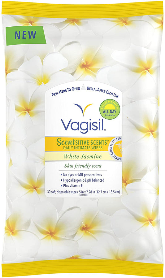 Vagisil Scentsitive Scents Daily Feminine Wipes, White Jasmine, 30 Count in Resealable Pouch