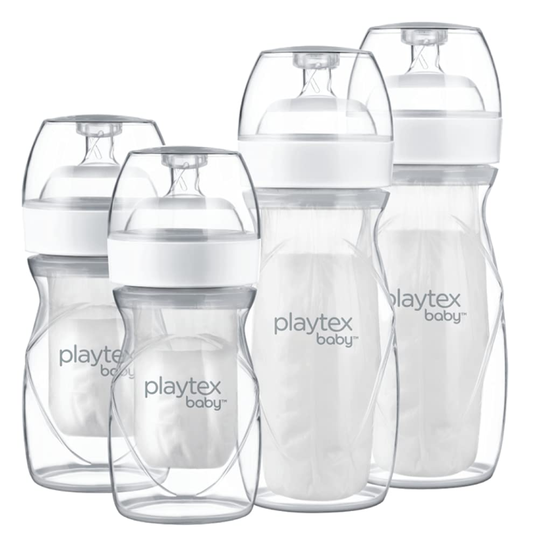 Playtex Baby Nurser with Drop-Ins Liners, 0 M+ Slow and 3 M+ Medium 4 Bottles, Newborn Gift Set