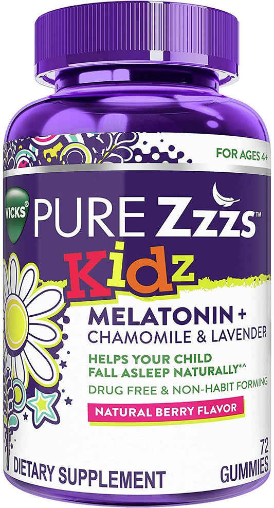 Vicks Pure Zzzs Kidz Melatonin + Chamomile & Lavender, Natural Berry Flavor for Ages 4+, 72 Gummies