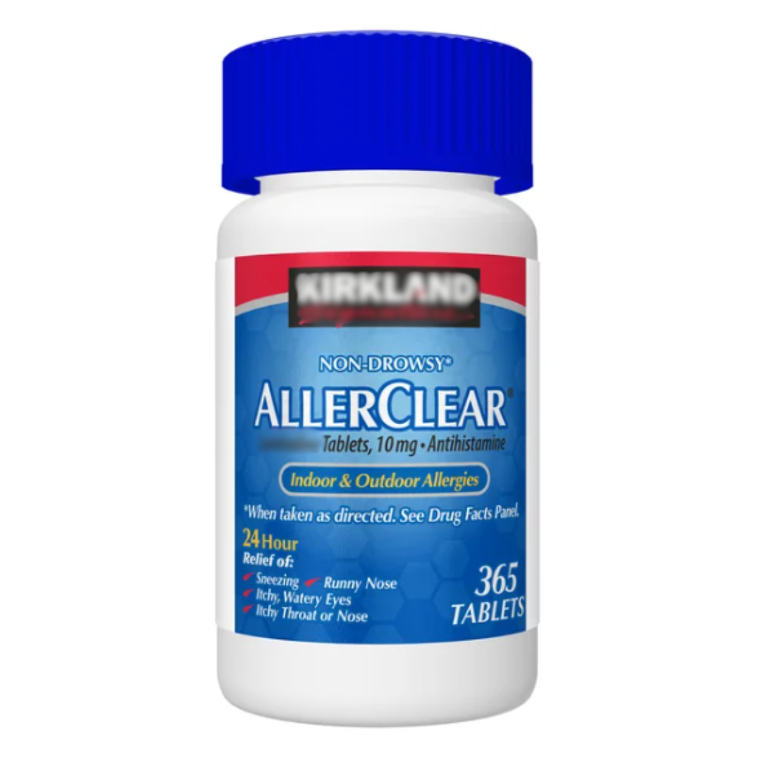 Kirkland Signature Non-Drowsy AllerClear 10mg Tablets For Relief of Throat And Nose 365 Count