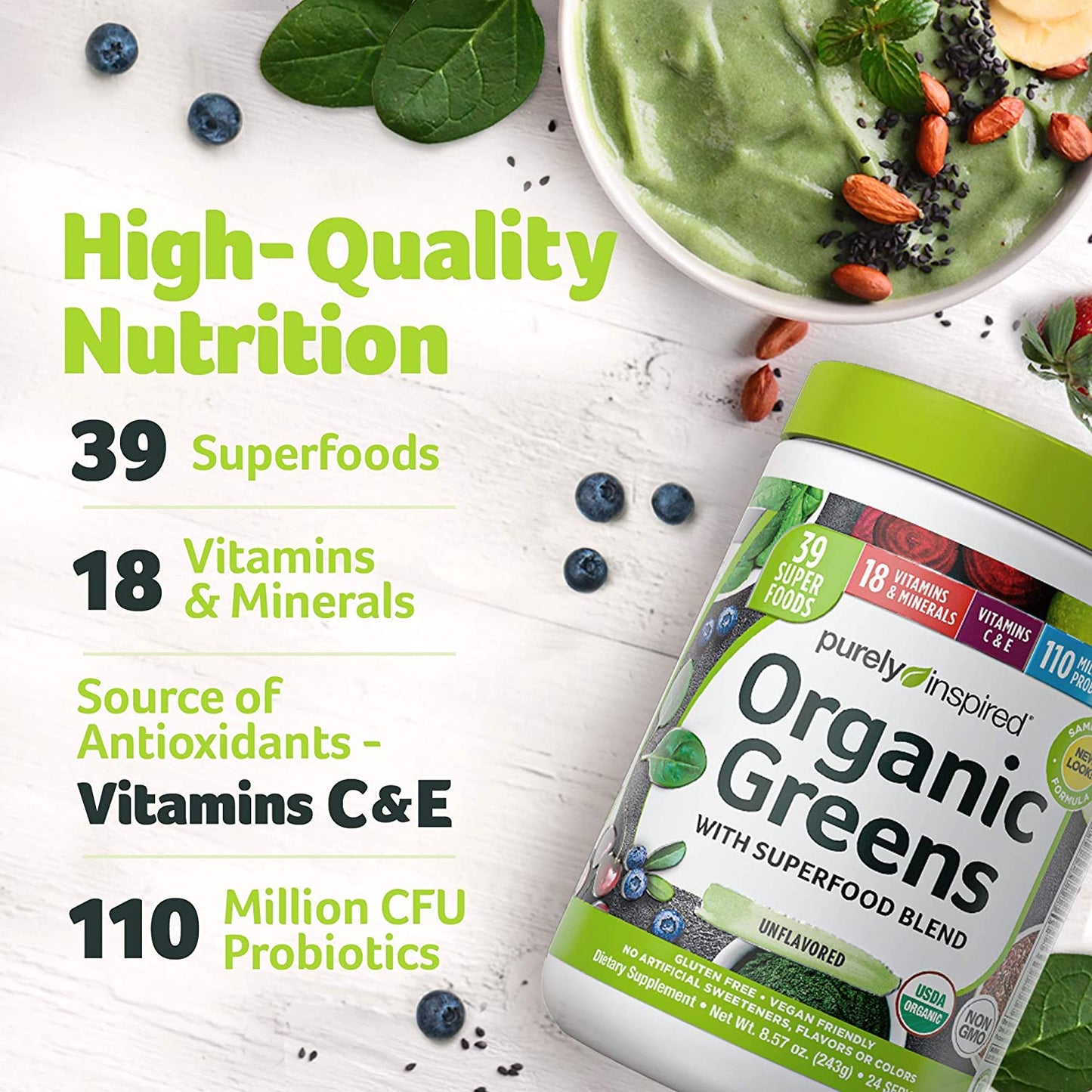 EXPIRY 11/2025 Purely Inspired Organic Greens With Superfood Blend Unflavored With 39 Super Foods 24 Servings 243g