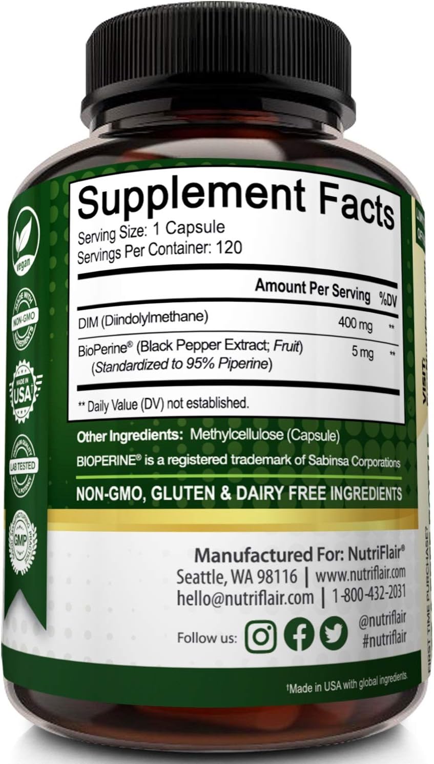 Nutriflair Premium Dim For Healthy Hormone Balance 400mg, 120 Vegetable Capsules