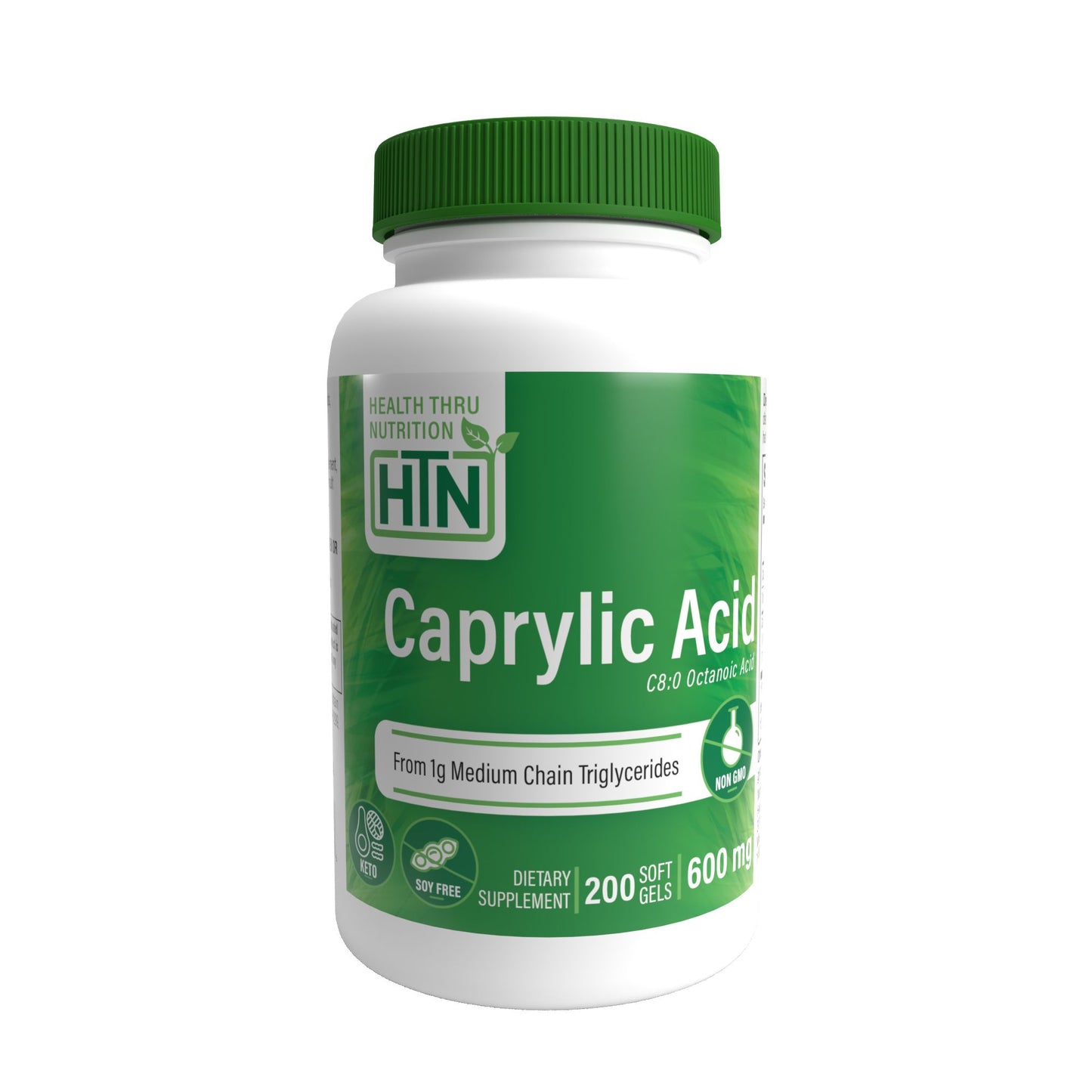 Health Thru Nutrition Caprylic Acid C8:0 Octanoic Acid from 1g Medium Chain Triglycerides 600mg (NON-GMO) 200 Softgels