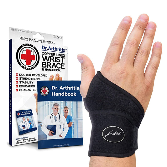 Dr. Arthritis Black Copper Lined Wrist Brace & Handbook Right & Left Hands 1 Pair PACKAGING MAY VARY