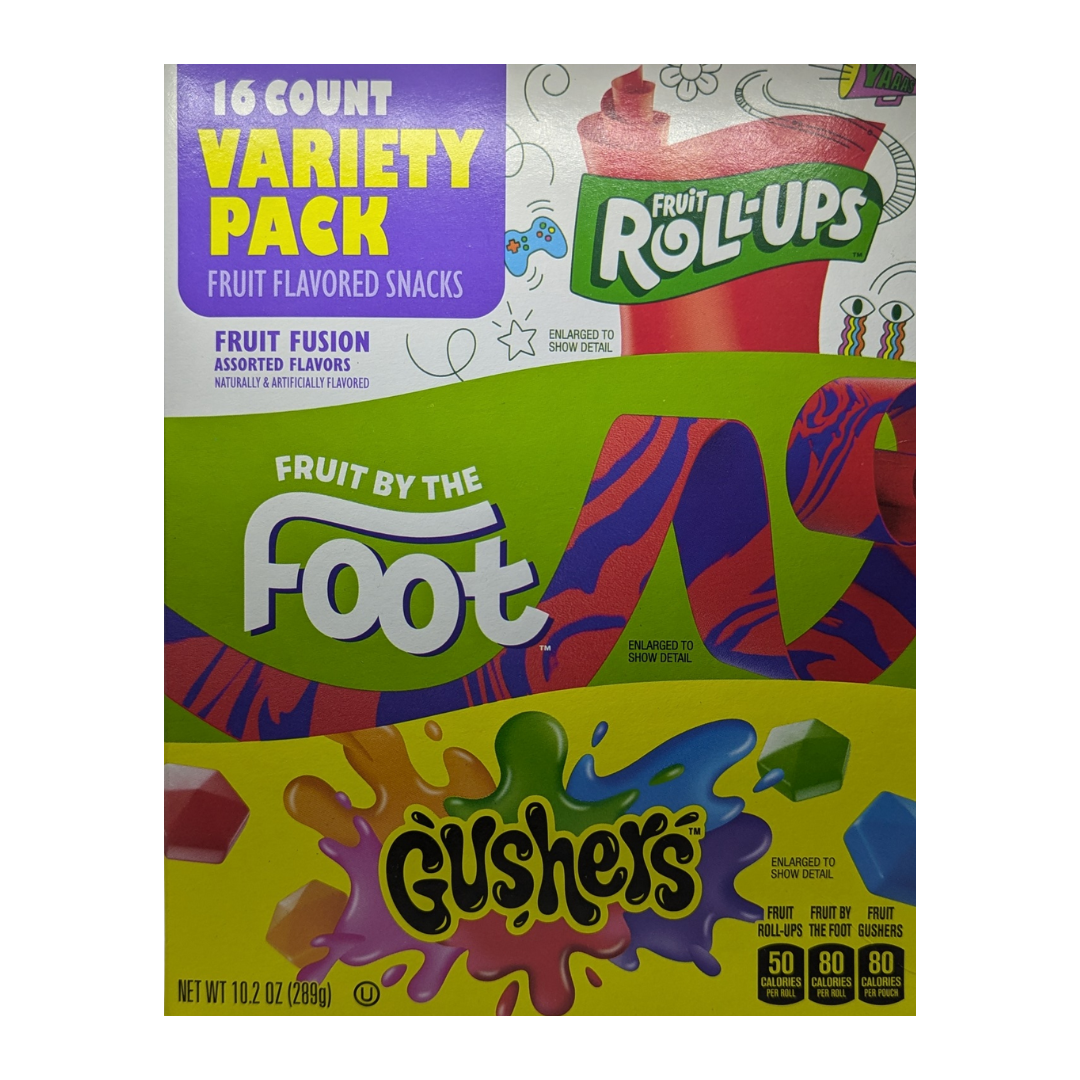 Variety Pack Fruit Flavored Snacks by Fruit Roll-Ups, Flavors Fruit By the Foot & Gushers, 16 Count