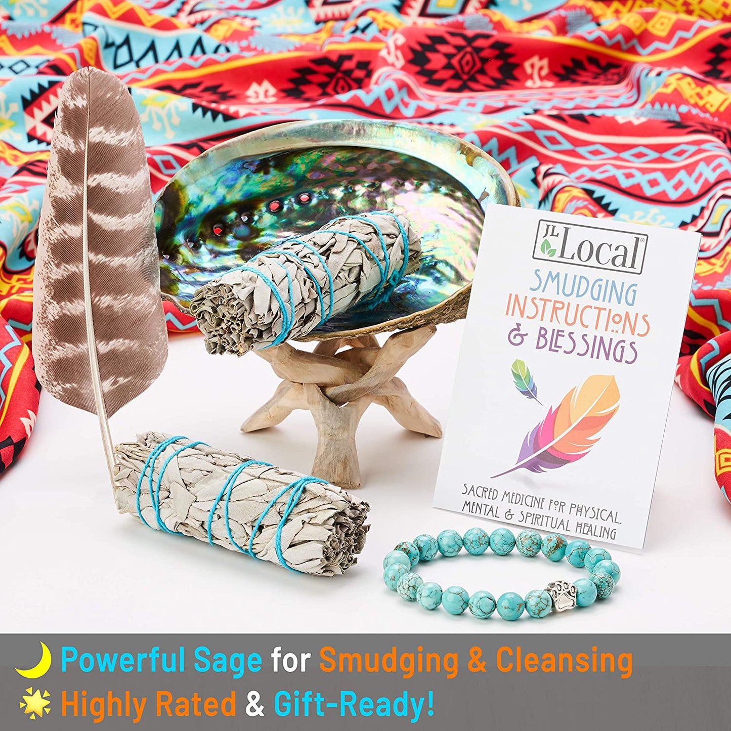 JL Local 2 White Sage Smudge Stick Smudging Kit Abalone Shell & Stand, Turquoise Bracelet, Instructions & Blessings, Smudge Kit White Sage Incense Sticks for Cleansing