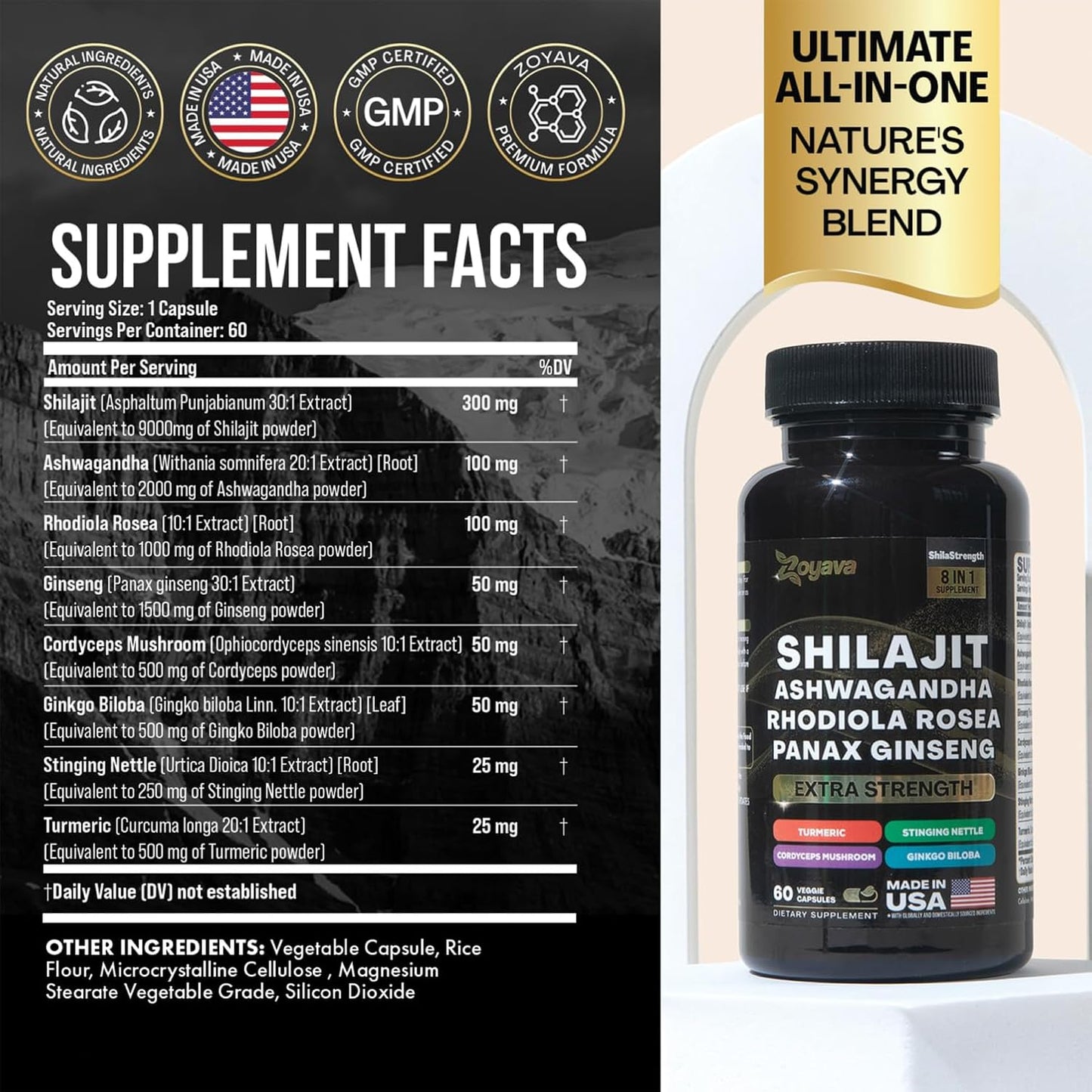 Zoyava Shilajit Ashwagandha Rhodiola Rosea Panax Ginseng Supplement 60 Veggie Capsules