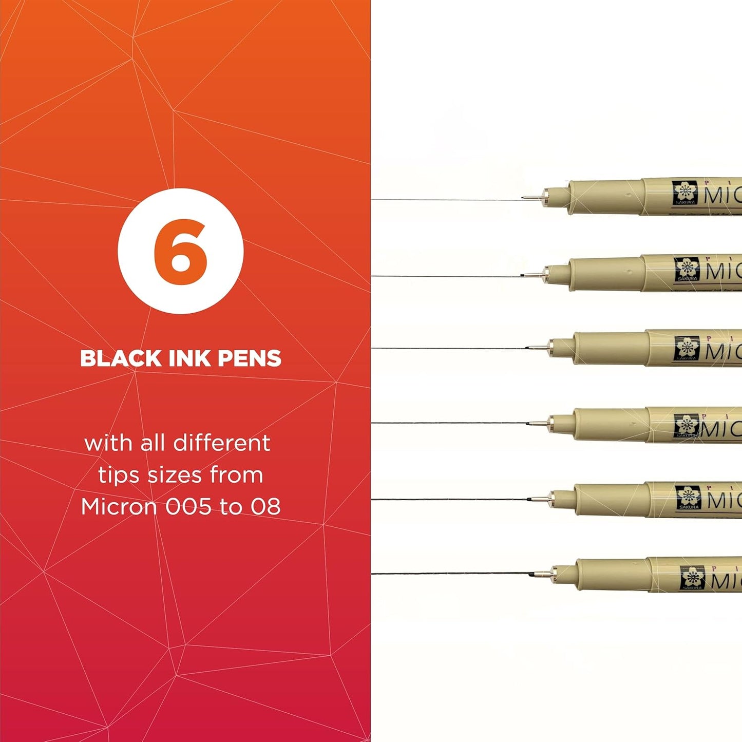 SAKURA Pigma Micron Fineliner Pens Assorted Point Sizes (6 Pens Stylos)