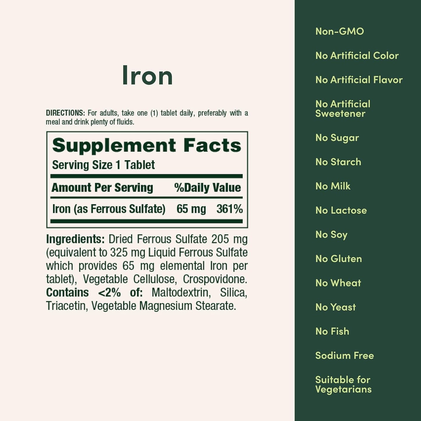 Nature's Bounty Iron 65mg Ferrous Sulfate 325mg, 100 Tablets