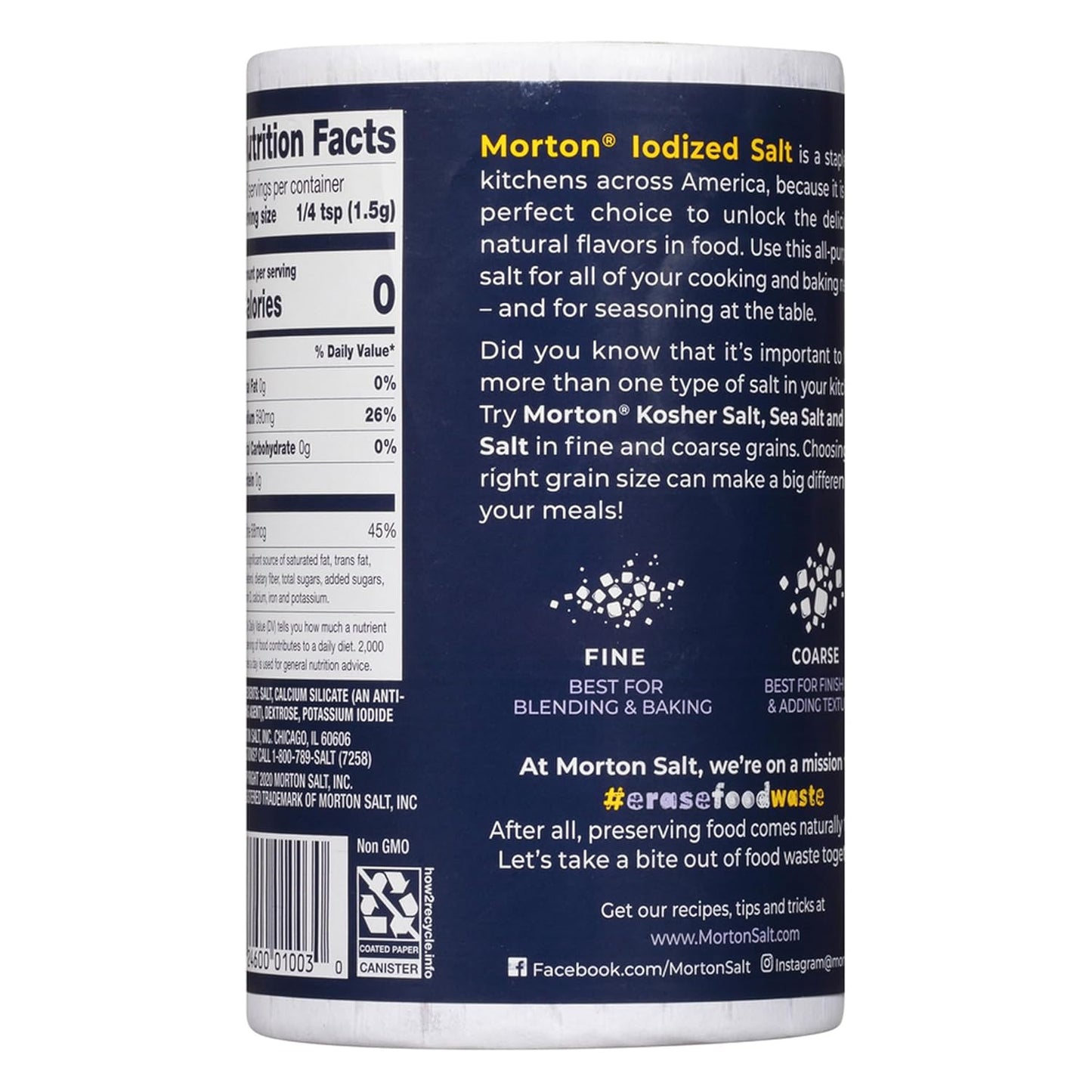 Morton Iodized Salt All - Purpose Perfect For Cooking & Table Use, 737 g / 26 oz