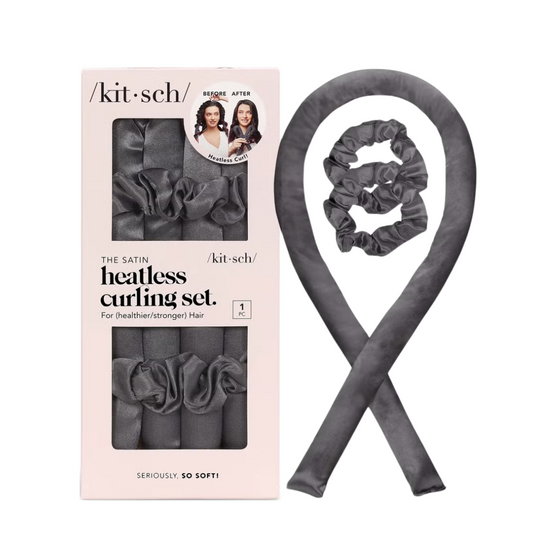 Kitsch The Satin Heatless Curling Set 1 Heatless Curling Rod 2 Satin Scrunchies, Charcoal