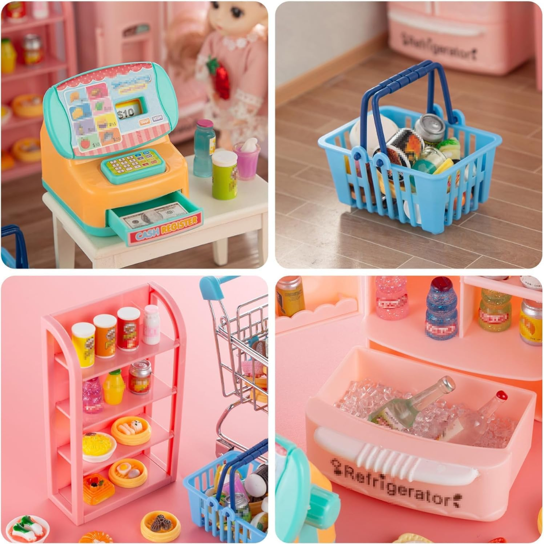 Miniature Toy Shopping Cart Basket with Grocery Accessories, Approx. 164 pcs