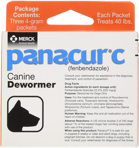 Panacur C Canine Dewormer for Dogs Only 40 lbs. 3 Packets