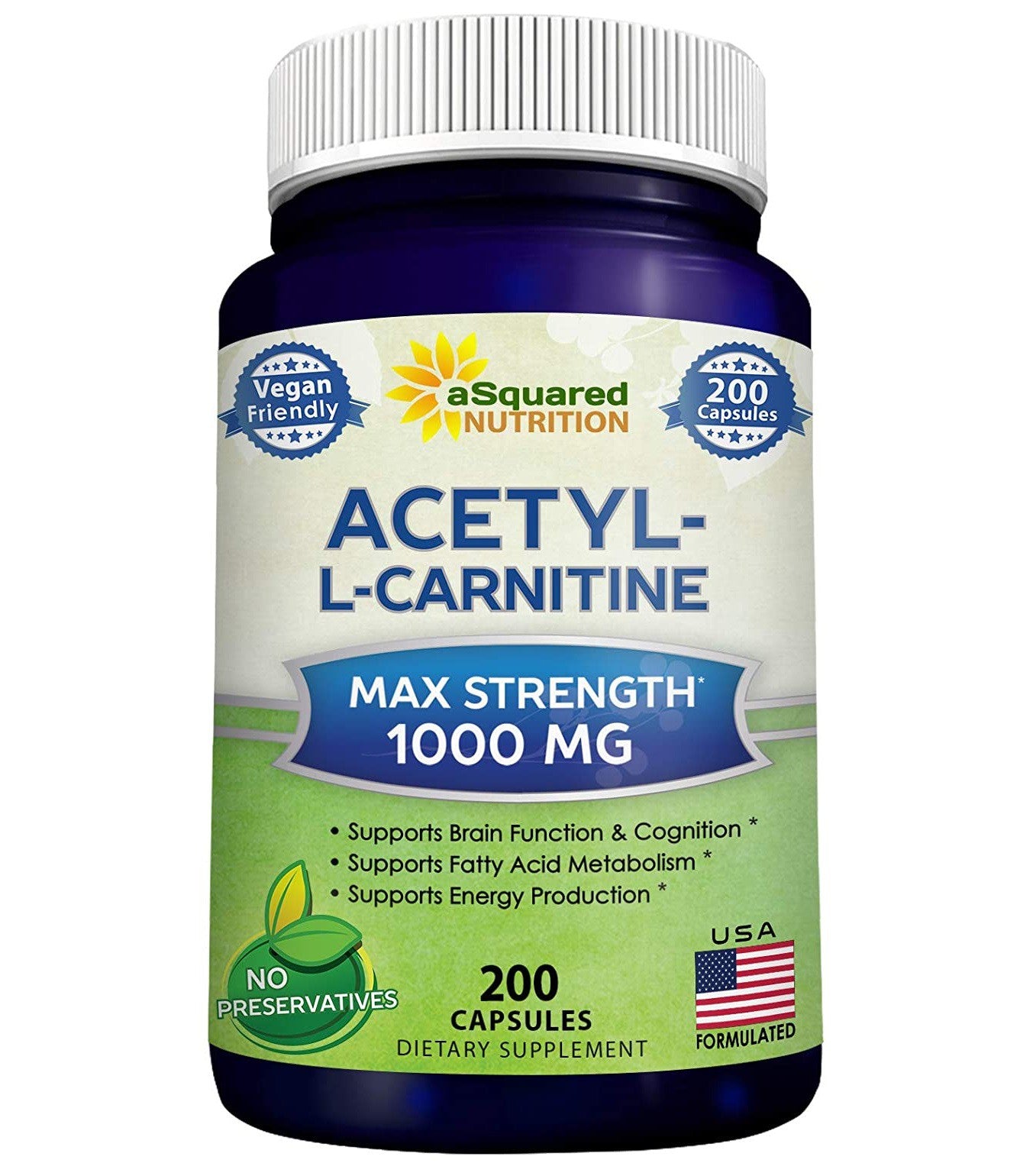 aSquared Nutrition Acetyl L-Carnitine 1000 mg Max Strength Supplement Pills  200 Capsules