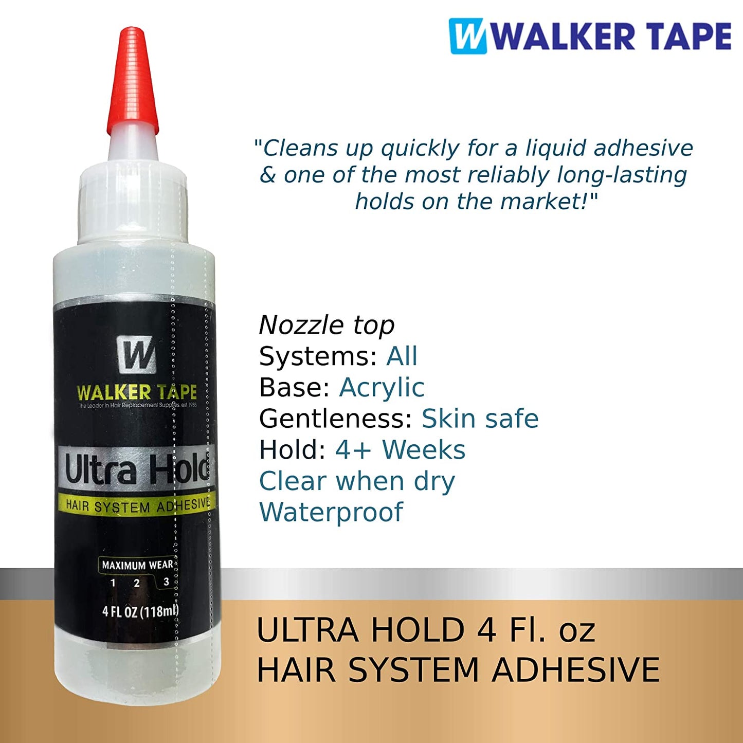 Walker Tape Ultra Hold Hair System Adhesive, Nozzle Top, 4 fl oz / 118 ml