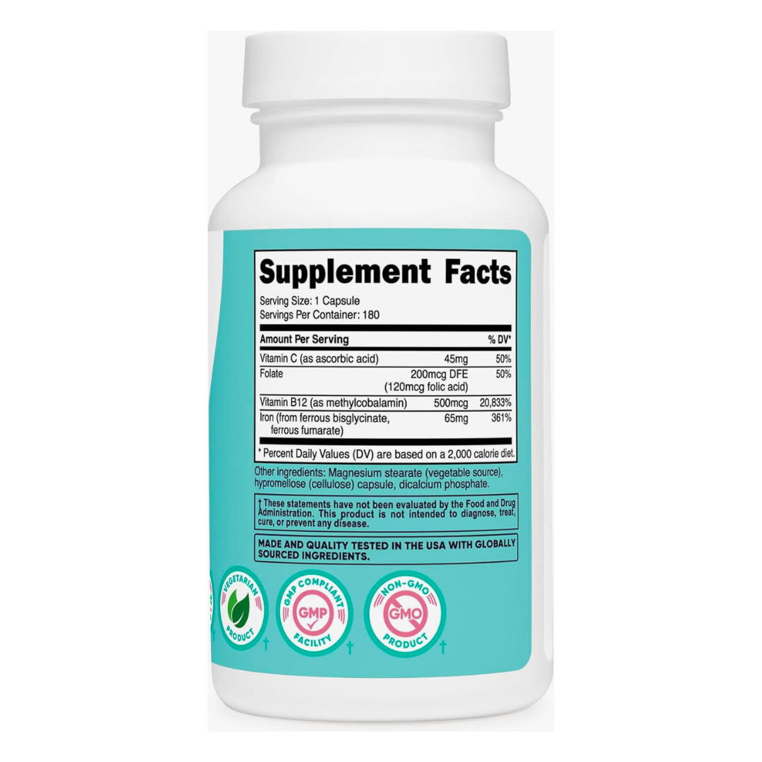 Nutricost Women Iron With Vitamin C, Folate & Vitamin B12 65mg Supplement 180 Capsules