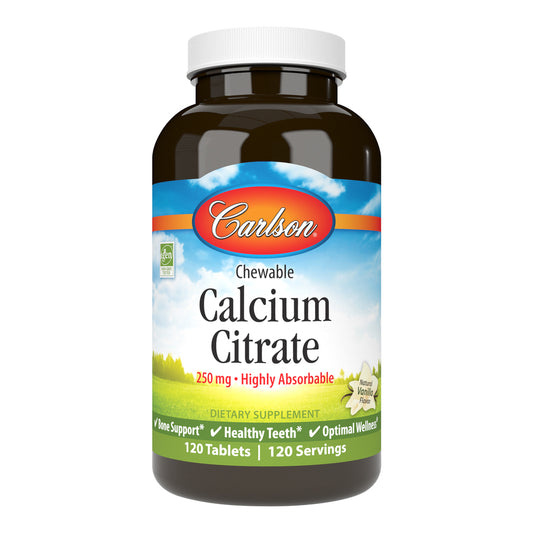 Carlson Chewable Calcium Citrate 250mg Highly Absorbable Natural Vanilla Flavor 120 Tablets Bone Support, Healthy Teeth & Optimal Wellness