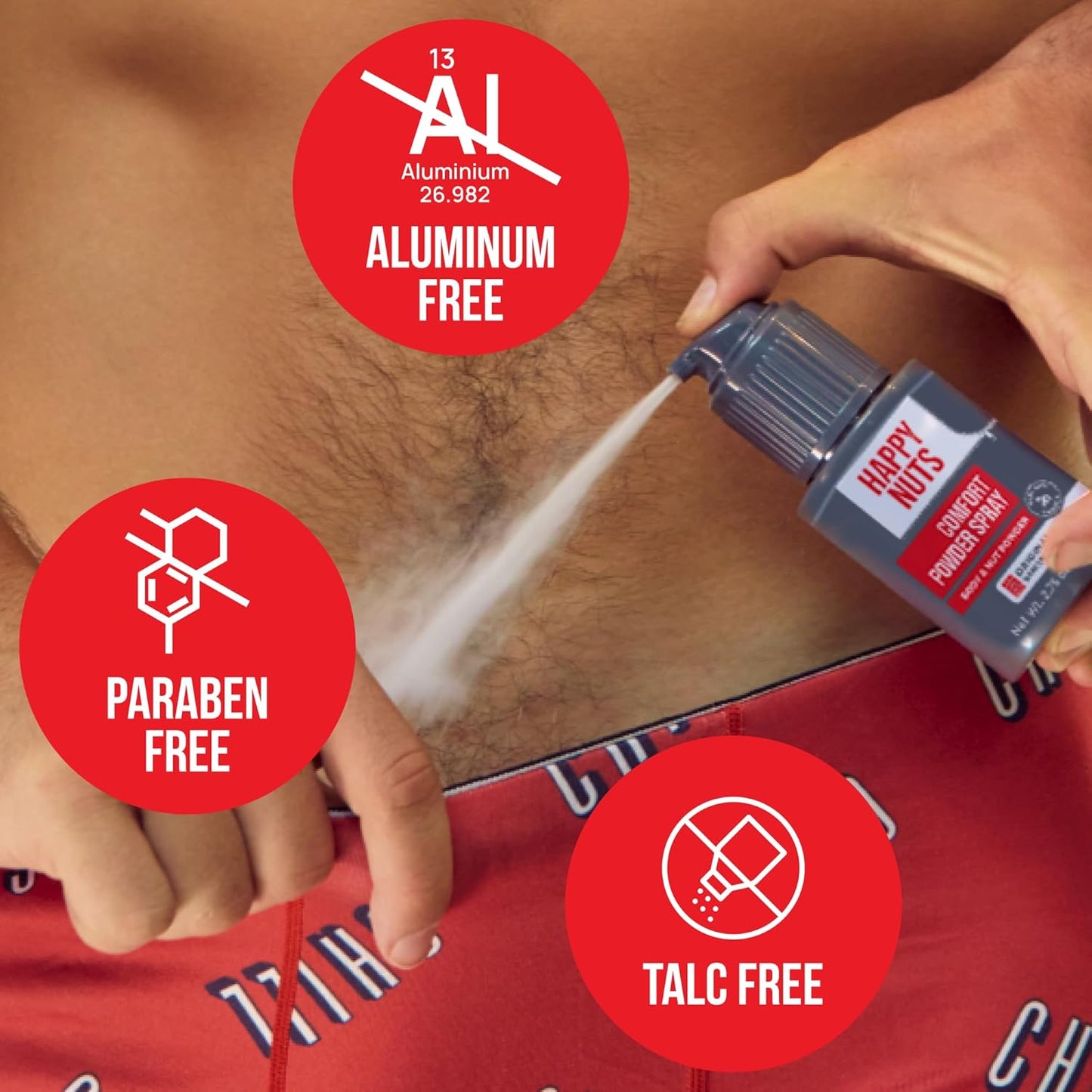 HAPPY NUTS Comfort Powder Spray Anti Chafing & Men's Deodorant Original Sandalwood Zest, 78 g / 2.75 oz