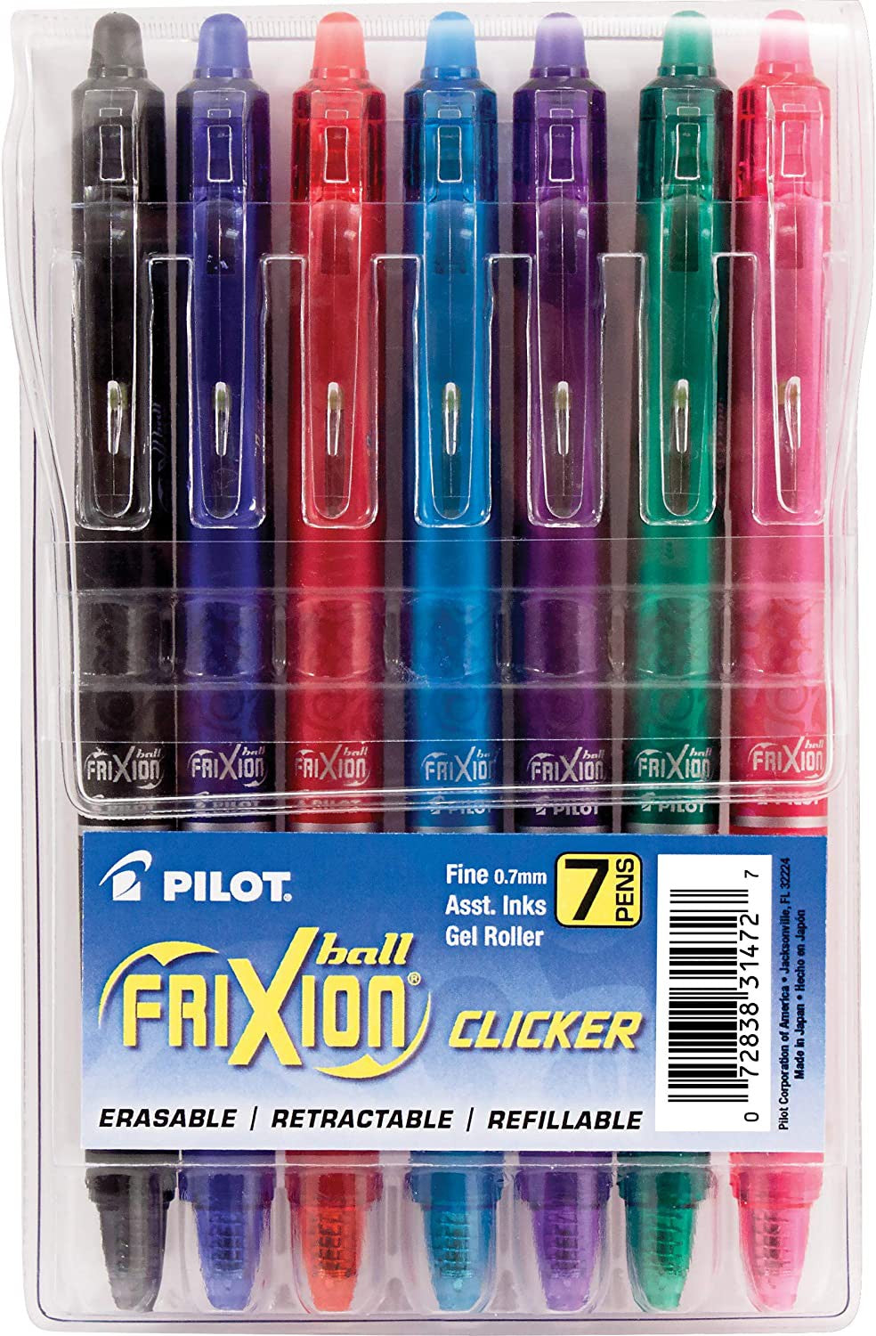 PILOT FriXion Clicker Erasable, Refillable & Retractable Gel Pens, Assorted Color Inks, 7 Pack Pouch