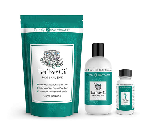 Purely Northwest Foot & Toenail Kit contains Tea Tree Oil Foot Soak, Tea Tree Oil Foot & Body Wash & Tea Tree Nail Blend