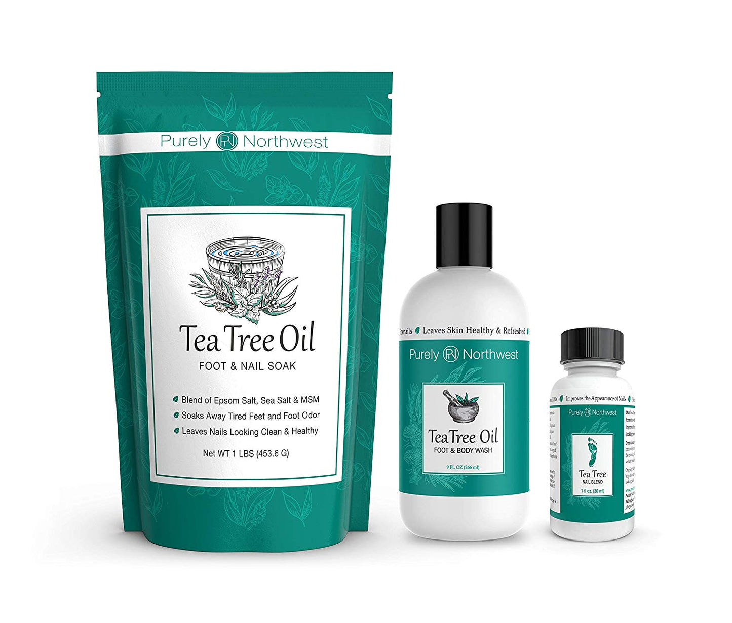 Purely Northwest Foot & Toenail Kit contains Tea Tree Oil Foot Soak, Tea Tree Oil Foot & Body Wash & Tea Tree Nail Blend