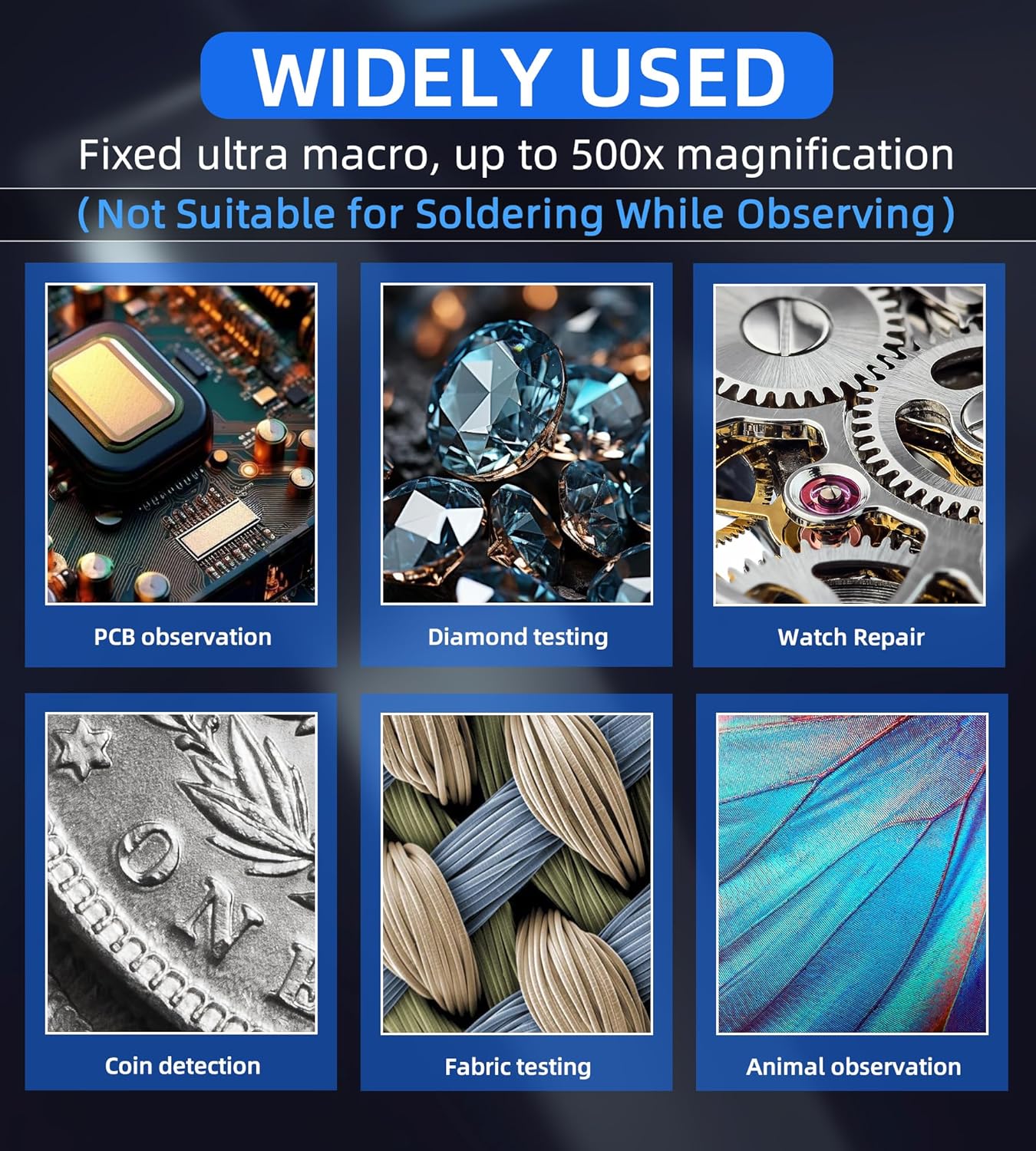 Digital Microscope Fixed Focus, 2.0 Inch IPS Screen, 500X Magnification, Black