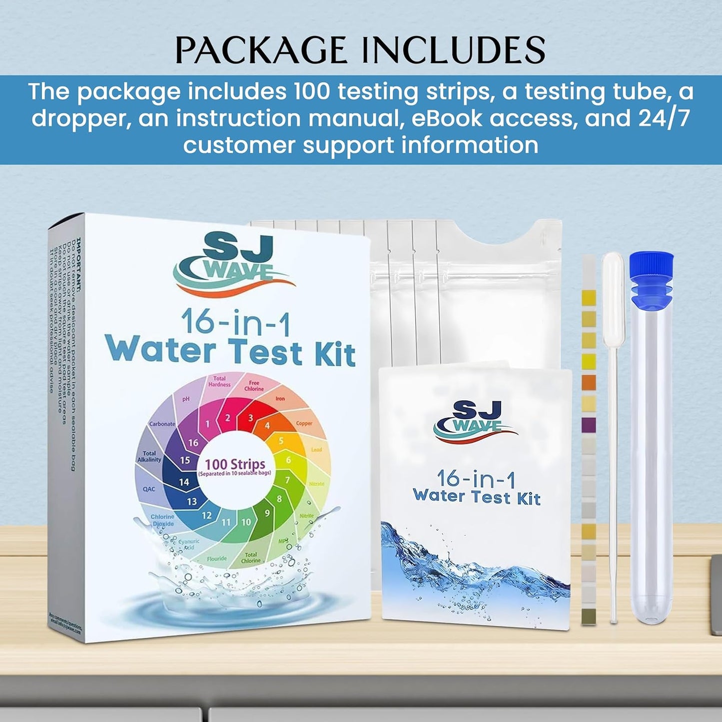 Sj Wave 16 In 1 Water Test KIt 100 Strips (Separated In 10 Resealable Bags)