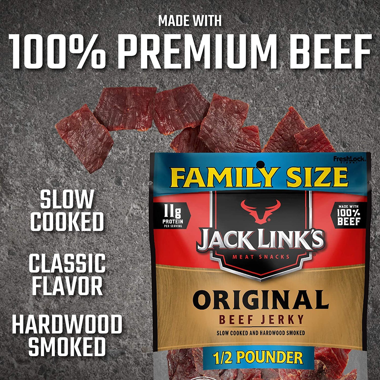 Jack Link’s Beef Jerky, Original 1/2 Pounder Bag Made with 100% Premium Beef