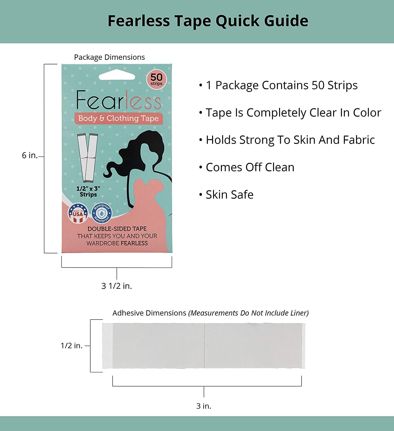 Fearless Body and Clothing Double Sided Tape 1/2" x 3" Strips - 50 Strips