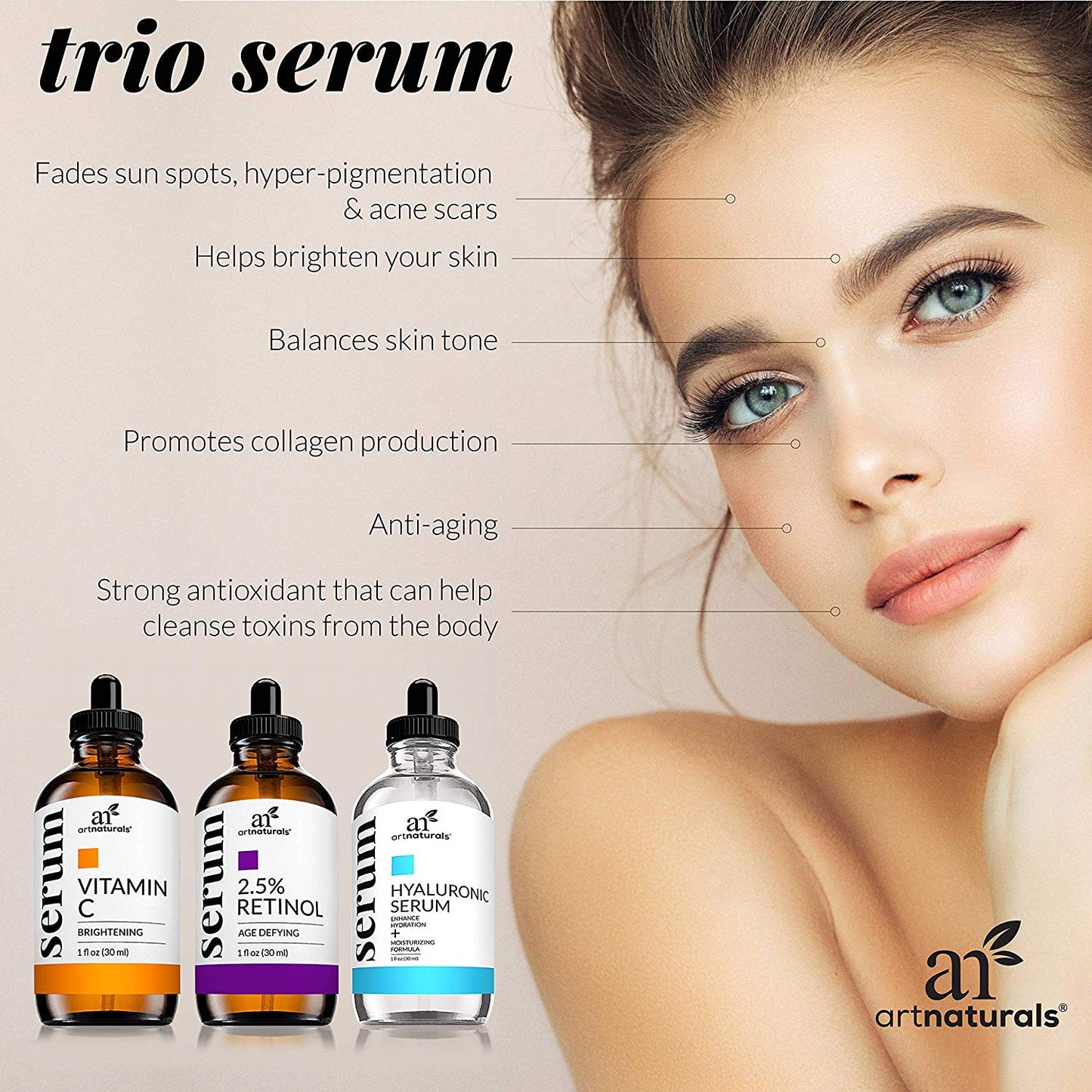 ArtNaturals Anti-Aging Set with Vitamin-C Retinol and Hyaluronic-Acid  (3 x 1 fl oz) Serum