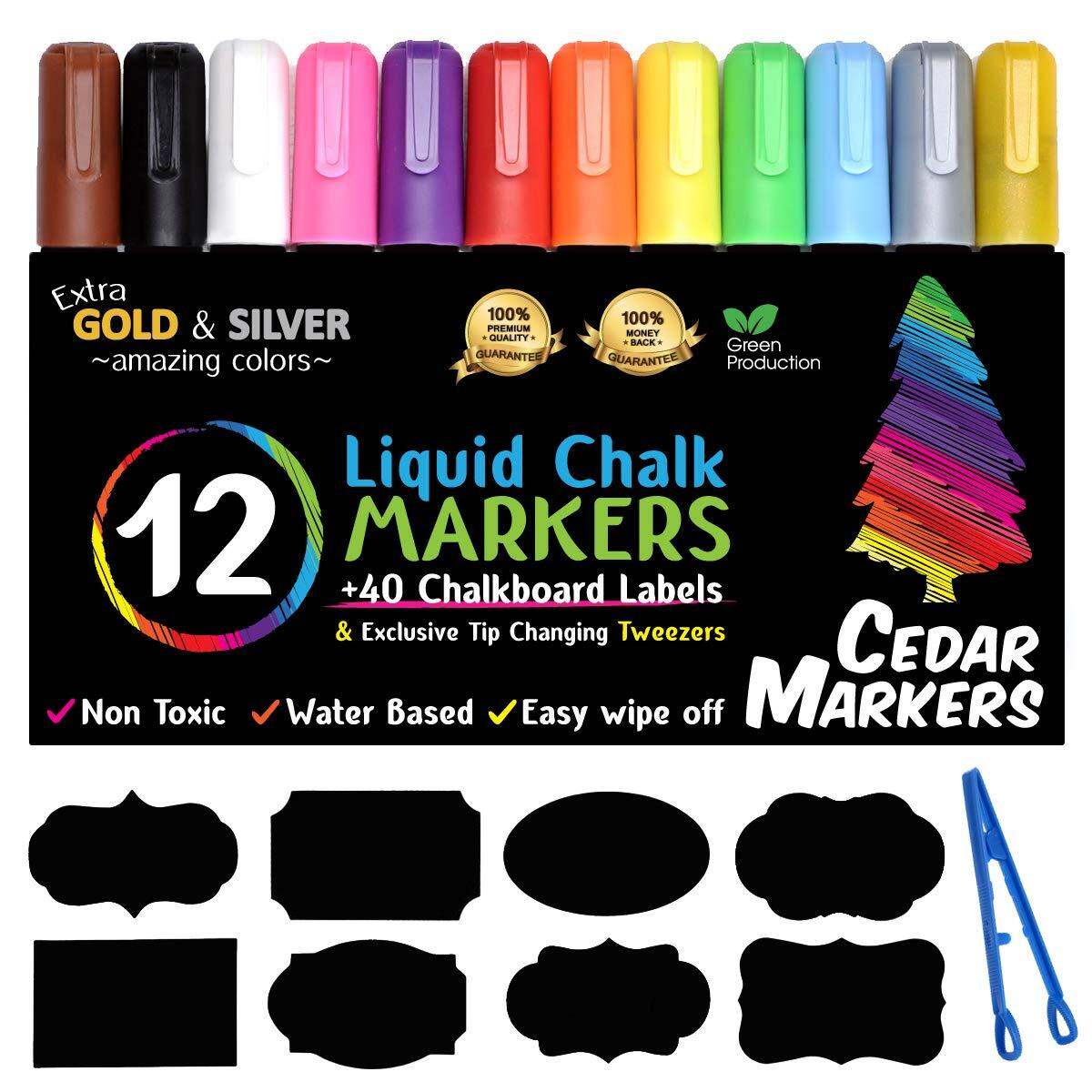 Cedar Markers Liquid Chalk Markers 12 count with Free 40 Chalkboard Labels