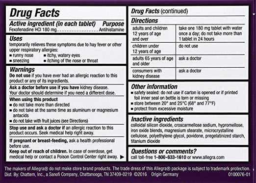 Allegra Adult 24 Hour Allergy 180 Mg. Fast Noticeable Relief, 70 Tablets