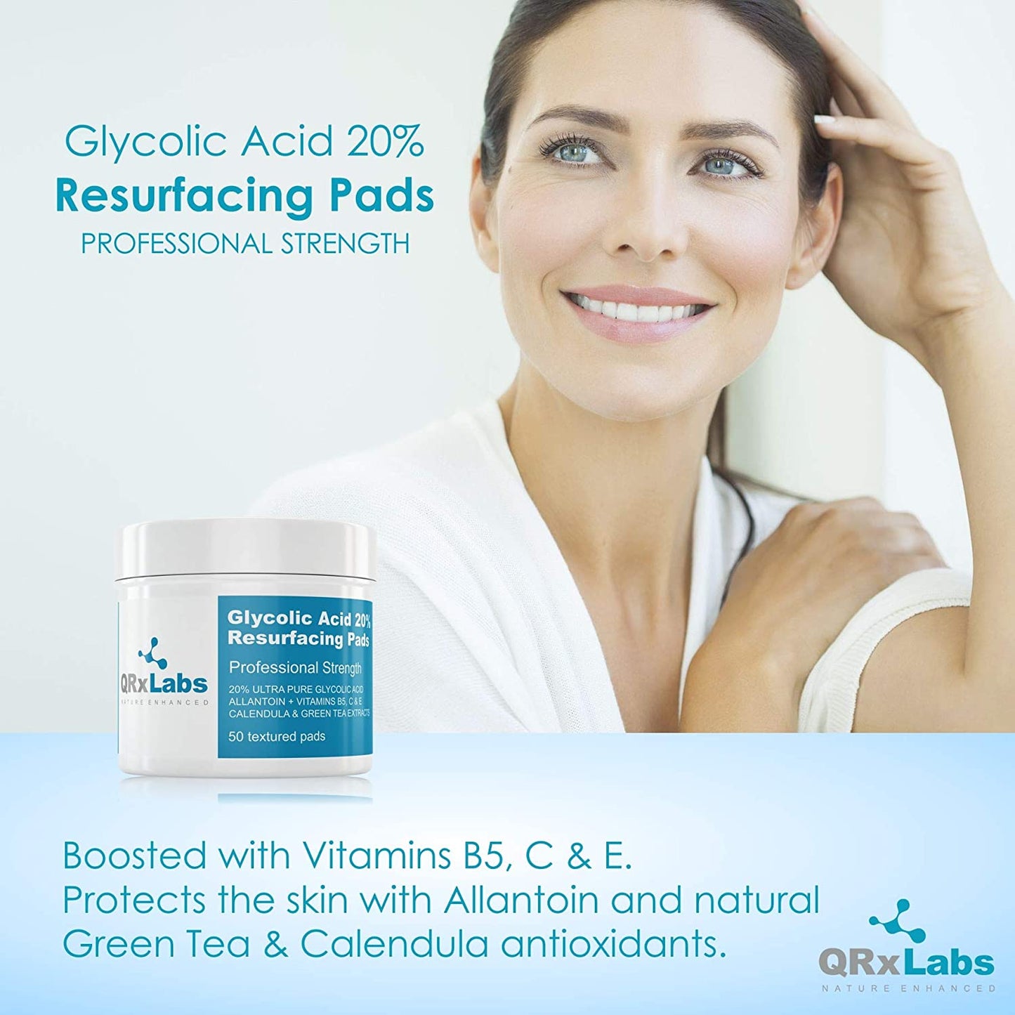 QRxLabs Glycolic Acid 20% Resurfacing Pads with Allantoin, Vitamins B5, C & E, Calendula & Green Tea Extract, 50 Textured Pads