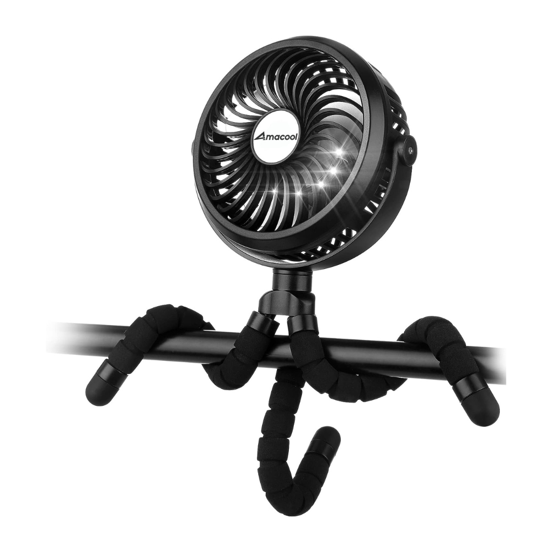 Amacool Battery Operated Stroller Fan Flexible Tripod Clip On Fan (Black)
