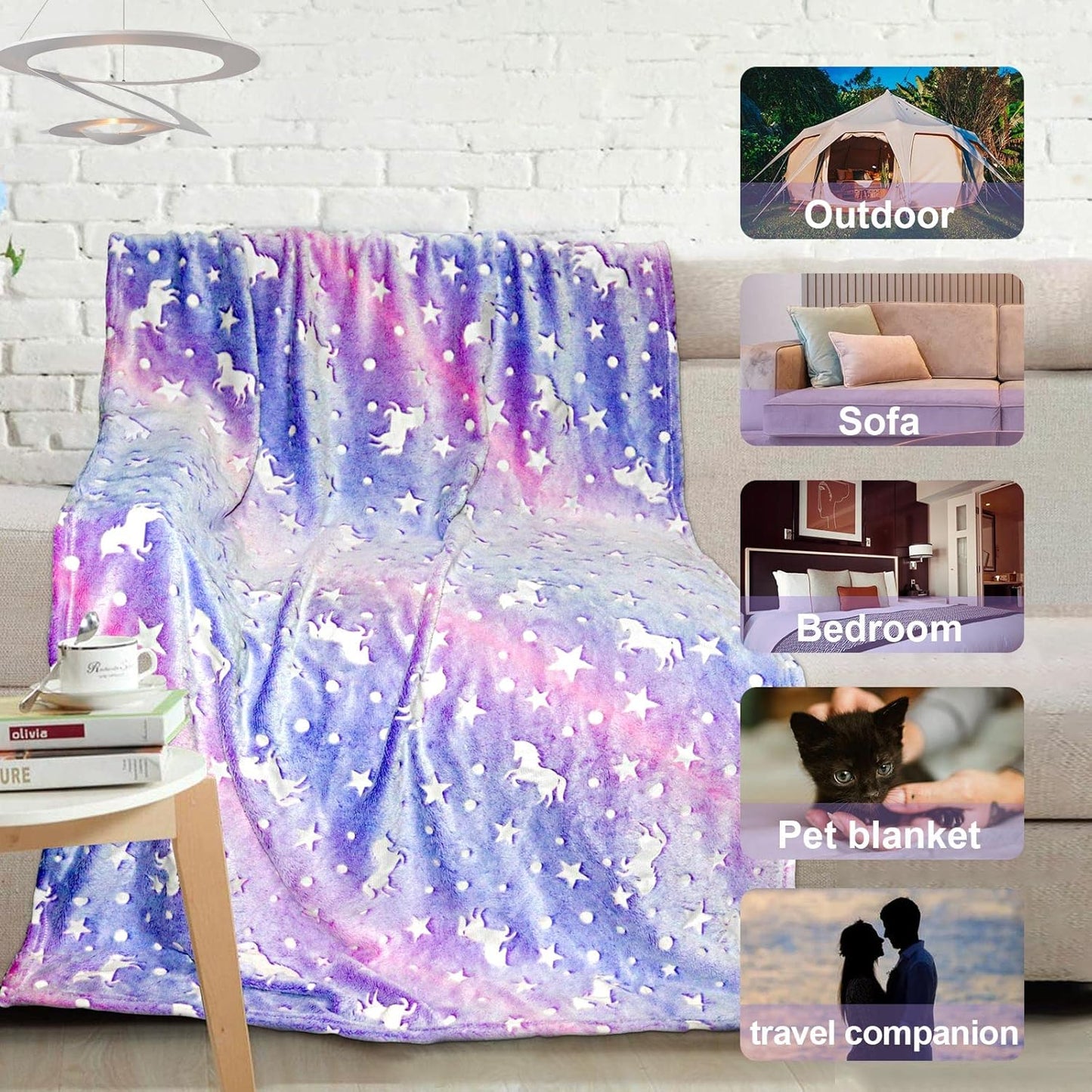 Unicorn Glow In The Dark Blanket For Girls/Kids Age 3-12, Soft Fleece Throw, 40 X 60