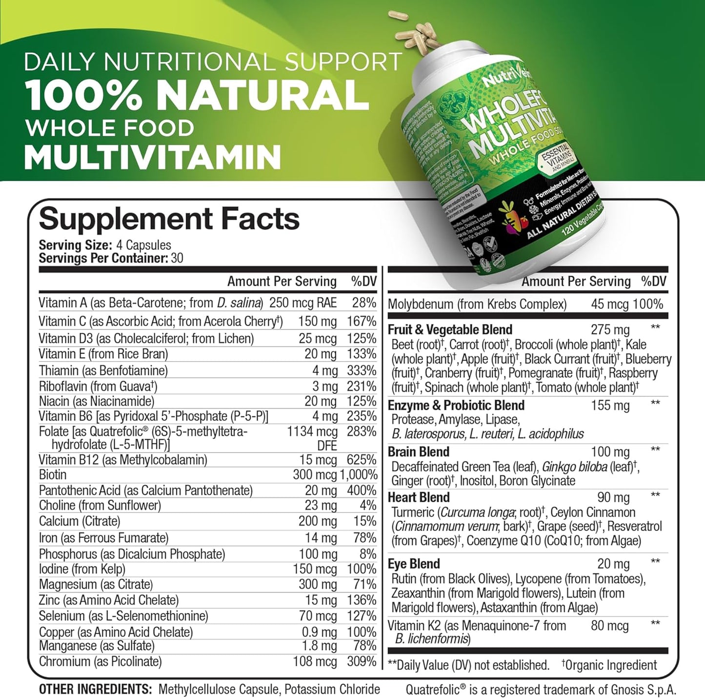 NutriVein Whole Food Multivitamin All Natural Supplement 120 Capsules