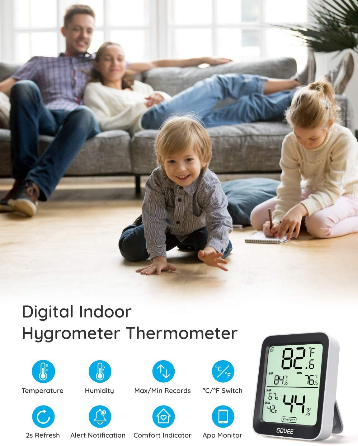Govee Indoor Hygrometer Thermometer, Humidity Temperature Gauge with Large LCD Display