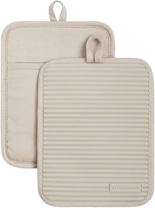 KitchenAid Ribbed Soft Silicone Pot Holder, Milkshake Tan, 7X9, Pack Of 2
