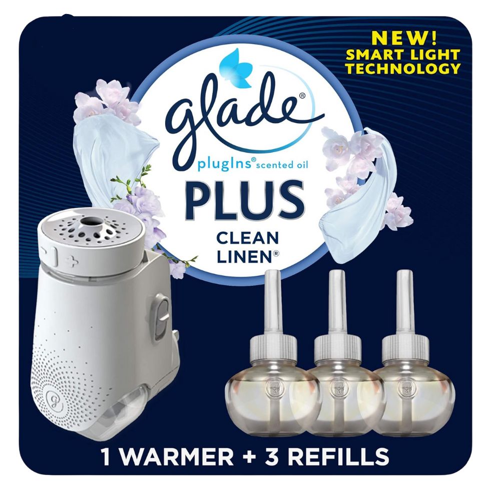 Glade PlugIns Plus Clean Linen Refills Air Freshener Kit, 1 Warmer + 3 Refills, 0.67 fl. oz (120V)